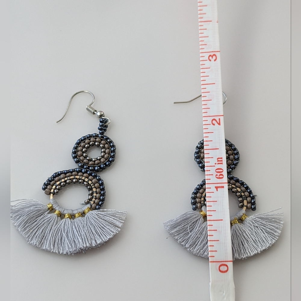 Boho Grey & Gold Tassel Earrings - Picture 4 of 4
